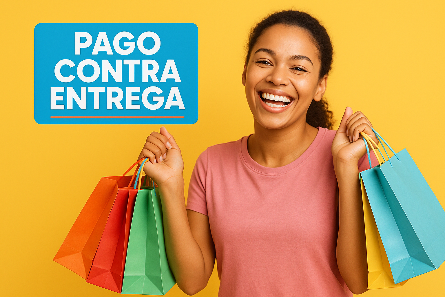 Pessoa feliz com sacola de compras e a frase - Pago contra entrega